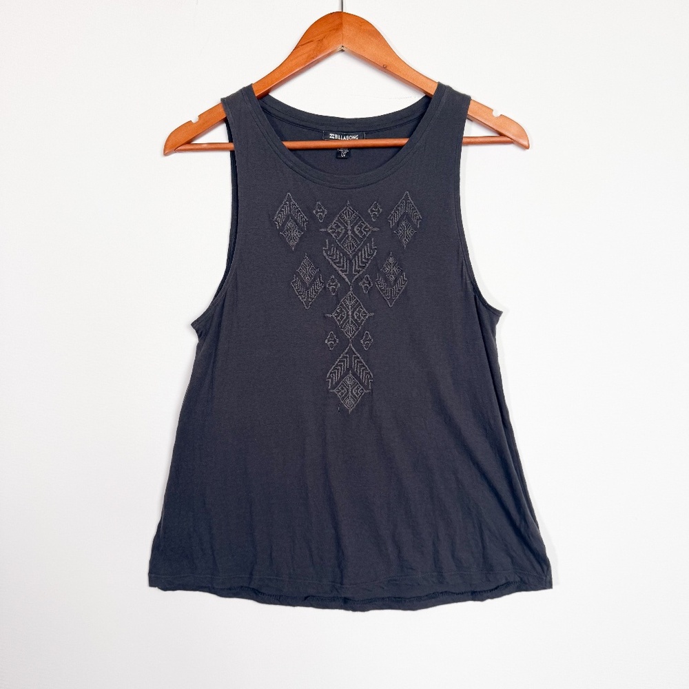 Billabong Small Petite dark gray Aztec embroidered California bohemian tank top
